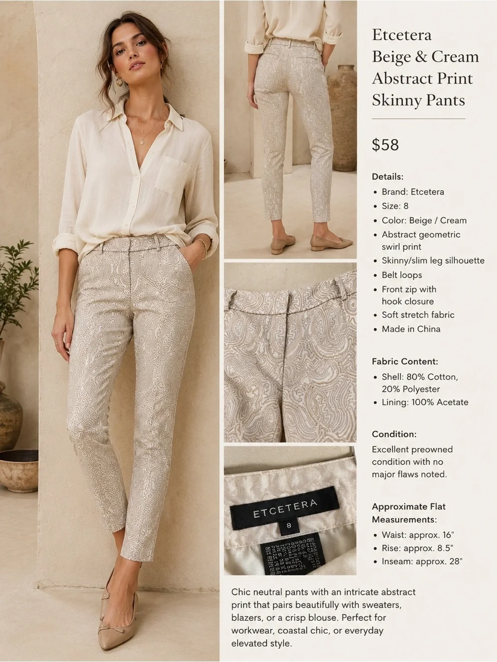 Etcetera Beige & Cream Abstract Print Slim Ankle Pants